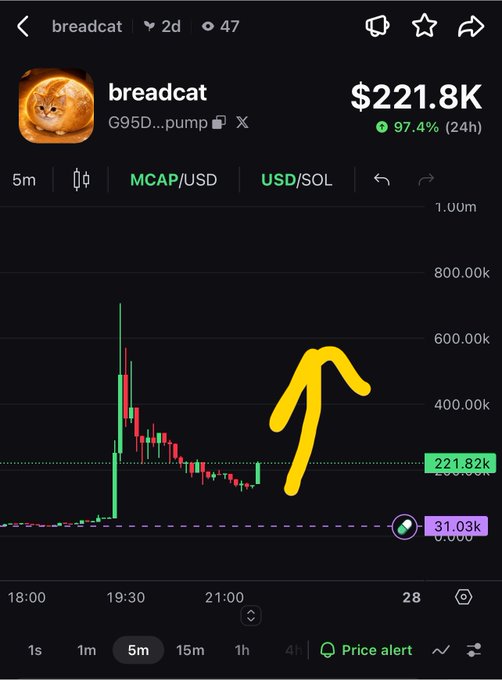 A cryptocurrency chart showing the token 'breadcat' at $221.8K with a 97.4% 24h increase, featuring a yellow arrow pointing upward.