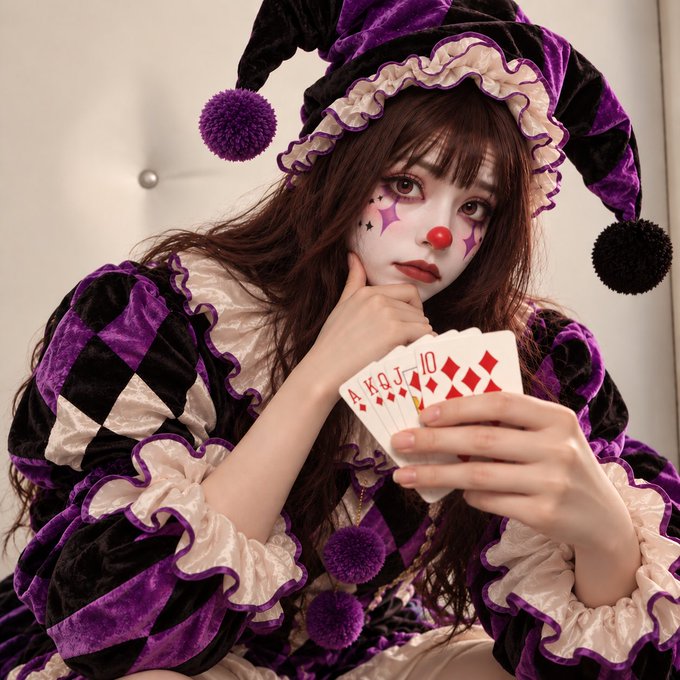 A woman in a purple and black jester costume with clown makeup holds a royal flush of diamonds playing cards.