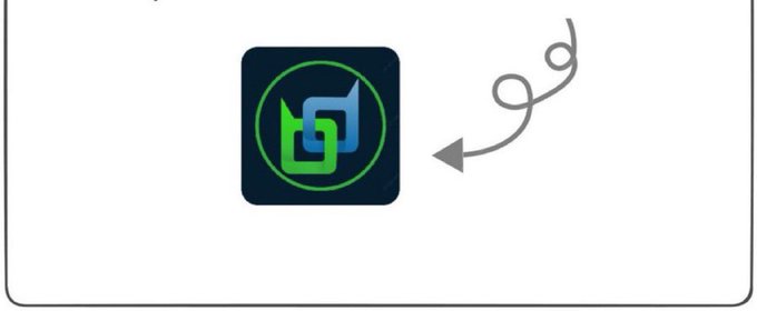 An app icon with a green and blue logo inside a dark rounded square, with a hand-drawn arrow pointing to it.