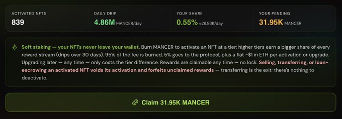 A cryptocurrency dashboard showing 'ACTIVATED NFTS 839', 'DAILY DRIP 4.86M MANCER/day', 'YOUR SHARE 0.55% ≈ 26.93K/day', 'YOUR PENDING 31.95K MANCER', with a 'Claim 31.95K MANCER' button.