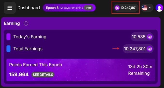 The image shows a dashboard for an "Action Model" earning platform, displaying total earnings of 10,247,801 points (highlighted with a red box and arrow) alongside today's earnings of 10,535 points and 159,964 points earned this epoch with 13 days, 2 hours, and 30 minutes remaining. This visual likely promotes the farming opportunity mentioned in the post, emphasizing the substantial accumulated points to encourage early participation before the ActionFi launch on August 25.