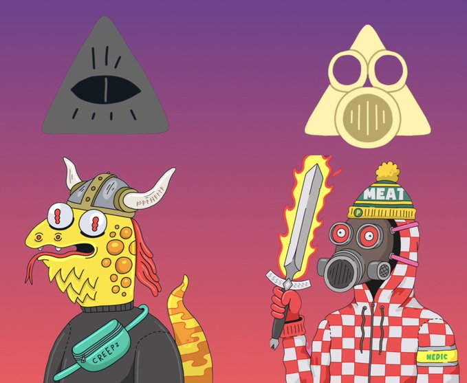 A cartoon illustration featuring two characters: a Viking-style character with horns labeled 'CREEPS' and a hazmat-suited character labeled 'MEDIC' holding a flaming sword, set against symbols of an eye triangle and a gas mask.