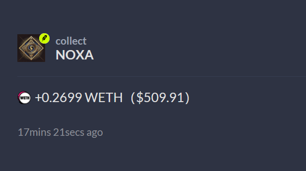 A notification from Noxa showing a creator fee payout of +0.2699 WETH ($509.91) received 17 minutes ago, confirming the $500 earnings mentioned in the post from a memecoin launched on the Robinhood Chain.