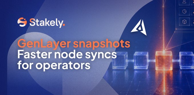 A promotional graphic with 'Stakely' and 'GenLayer' logos advertising 'GenLayer snapshots - Faster node syncs for operators' against a dark blue background with glowing blockchain-style nodes.