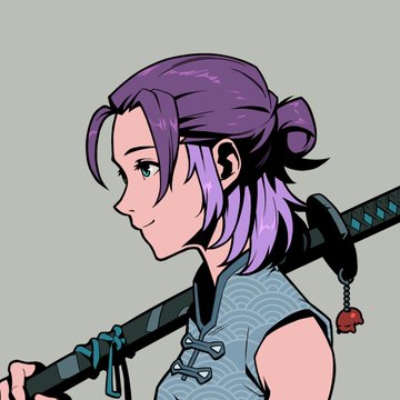 An anime-style profile illustration of a character with purple hair tied back, wearing a blue patterned sleeveless top and holding a sword on their back.