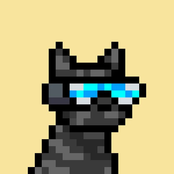 A pixel art cat wearing a VR headset with cyan glowing lenses against a yellow background.