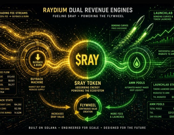 The image is an infographic titled "RAYDIUM DUAL REVENUE ENGINES" detailing how the $RAY token's value is supported by two revenue streams: a yellow "Buyback Machine" powered by trading fees and a green "LaunchLab" engine driven by bonding curves and token launches, which together feed into a central "Flywheel" of continuous value creation. Visible data includes "$12,432" in DC fees, "$8,921" in bot fees, "$6,217" in pool fees, and stats showing 192,196 buybacks (24h) with 14.62M cumulative burned, reinforcing the post's explanation of how 12% of pool trading fees are used to buy back $RAY tokens on the open market.