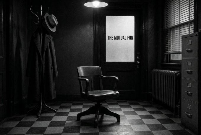 A black and white noir-style image of a dark office with a desk chair, a coat and hat on a stand, a filing cabinet, and a door with frosted glass reading 'THE MUTUAL FUN'.