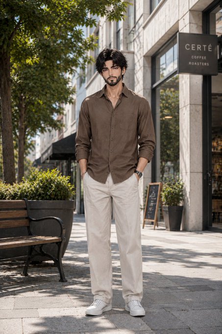Man standing on a city street wearing a brown button-up shirt, white pants, and white sneakers, with a 'CERTÉ COFFEE ROASTERS' sign visible behind him.
