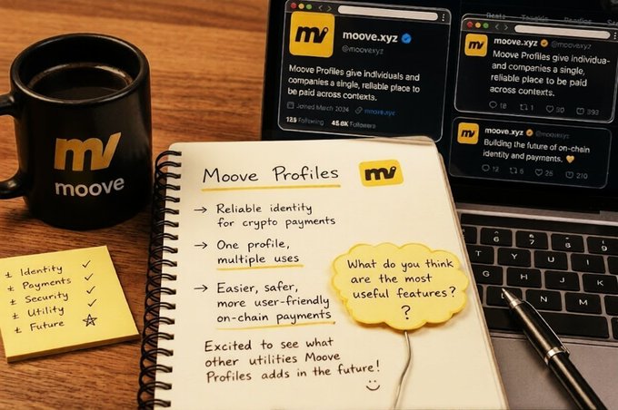 A branded workspace featuring a black "moove" mug, a handwritten notebook listing Moove Profiles benefits like reliable identity, multiple uses, and safer on-chain payments, alongside screenshots of the @moovexyz Twitter page with 45.5K followers—visually reinforcing the post's emphasis on Moove Profiles as a foundational layer unifying identity and utilities for the future of crypto payments.
