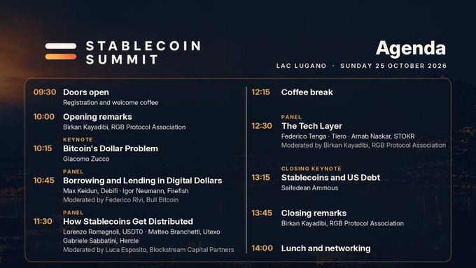 A “STABLECOIN SUMMIT” agenda for “LAC LUGANO · SUNDAY 25 OCTOBER 2026” lists sessions including “Bitcoin’s Dollar Problem,” “Borrowing and Lending in Digital Dollars,” “How Stablecoins Get Distributed,” “The Tech Layer,” “Stablecoins and US Debt,” and “Lunch and networking.”