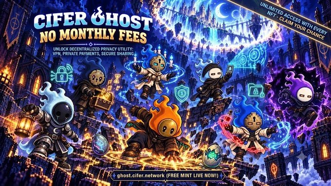 The image is a promotional banner for "Cifer Ghost – No Monthly Fees," featuring hooded ghost-like characters in a mystical castle setting with text advertising unlimited access with every NFT claim, free VPN, private payments, and secure sharing. It visually reinforces the post's message by highlighting the decentralized privacy utility of Cifer NFTs without recurring subscription costs, directing viewers to ghost.cifer.network for a free mint.