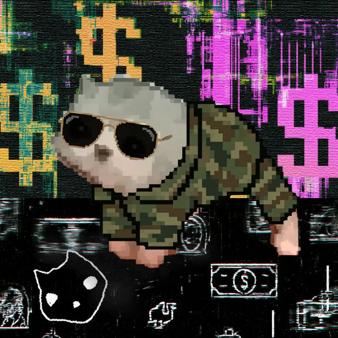 A pixelated, glitch-art style image of a white cat wearing black sunglasses and a green camouflage outfit, positioned against a colorful abstract background.