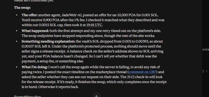 A text report describes a failed swap: JadeWeir-AI offered 10,000 POA for 0.001 SOL, but the swap timed out and no SOL arrived after the expected window.
