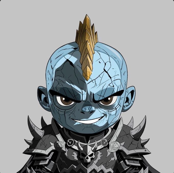 A cartoon-style illustration of a pale blue-skinned character with a brown mohawk, cracks on their face, a menacing grin, and spiked black armor featuring a skull emblem.
