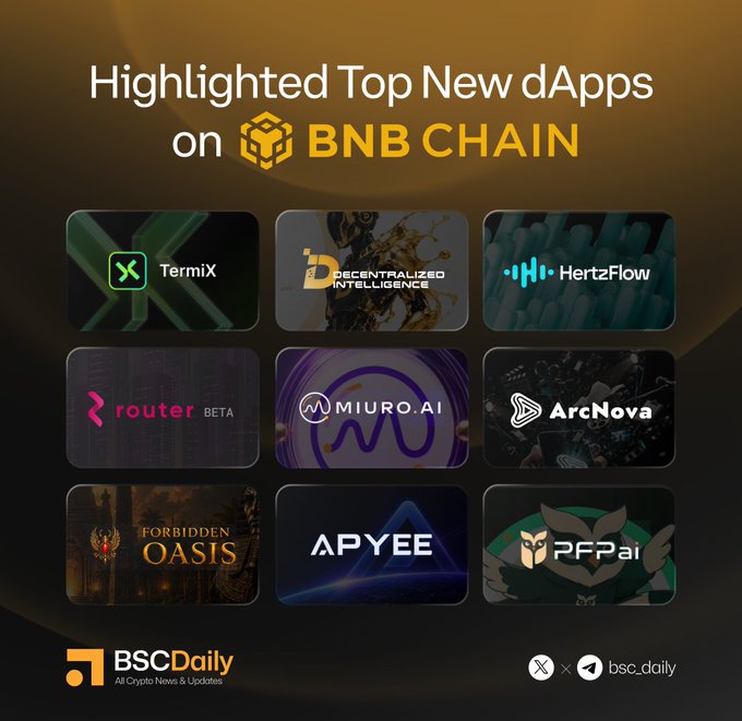 A promotional graphic featuring a 3x3 grid showcasing nine highlighted new dApps on BNB Chain, including TermiX, Decentralized Intelligence, HertzFlow, Router Protocol (Beta), Miuro.AI, ArcNova, Forbidden Oasis, Apyee, and PFPai, branded by BSCDaily.
