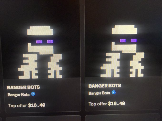 Two NFT listings for 'BANGER BOTS' collection showing identical pixelated robot characters with purple eyes, both with top offers of $16.40.