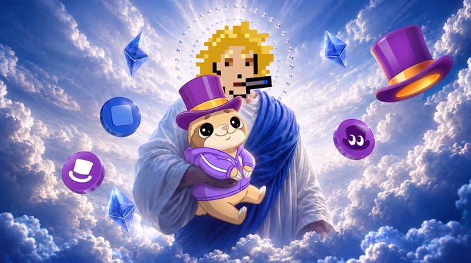 A pixelated figure wearing a purple top hat holds a small otter-like creature, surrounded by floating purple coins and Ethereum logos against a heavenly cloudscape — capturing the "Gm" spirit with sacred, high-spirited crypto iconography.
