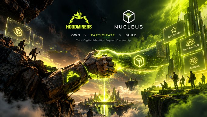 Promotional graphic for a collaboration between HOODMINERS and NUCLEUS featuring the tagline 'OWN × PARTICIPATE × BUILD — Your Digital Identity, Beyond Ownership' set against a futuristic green-hued fantasy landscape with floating screens labeled 'NFT', 'REPUTATION', 'CONTRIBUTION', and 'LEARNING'.