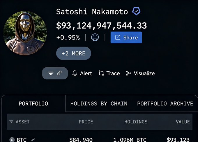 A crypto portfolio screen showing 'Satoshi Nakamoto' with a balance of '$93,124,947,544.33', +0.95% increase, holding 1.096M BTC at $84,940 price, valued at $93.12B.