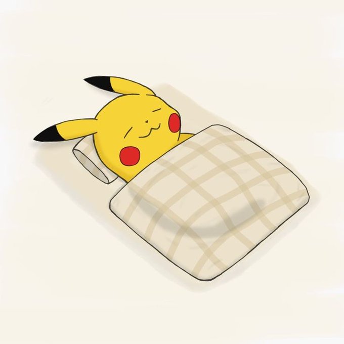 An illustration of Pikachu sleeping peacefully with its head resting on a pillow and covered by a beige checkered blanket.