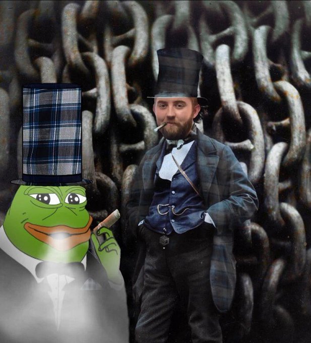 A surreal composite image shows a Victorian-era gentleman in a top hat smoking a cigar, standing next to Pepe the Frog also wearing a top hat and smoking, against a backdrop of large chains.