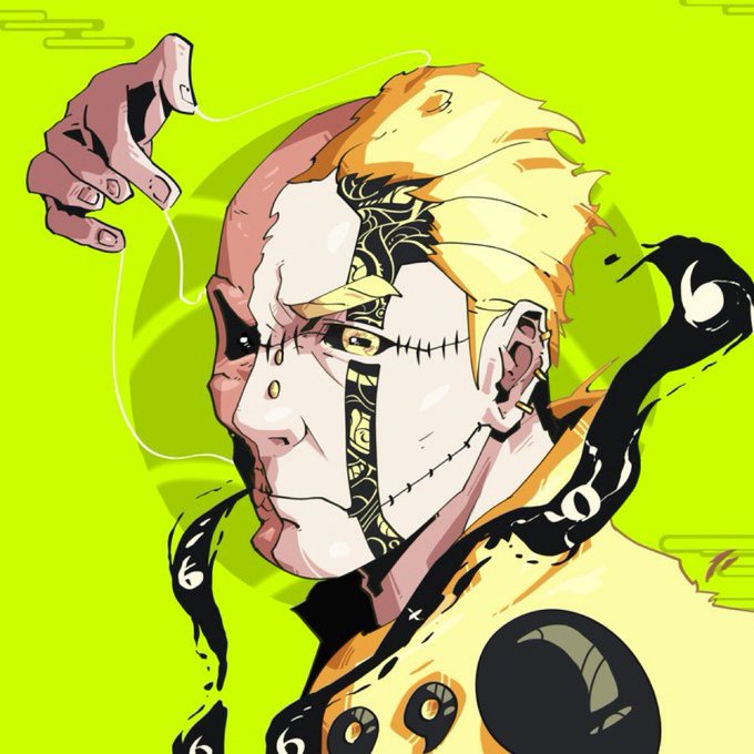 A stylized illustration of a blonde-haired character with stitched features and dark markings on their face, set against a bright green background.