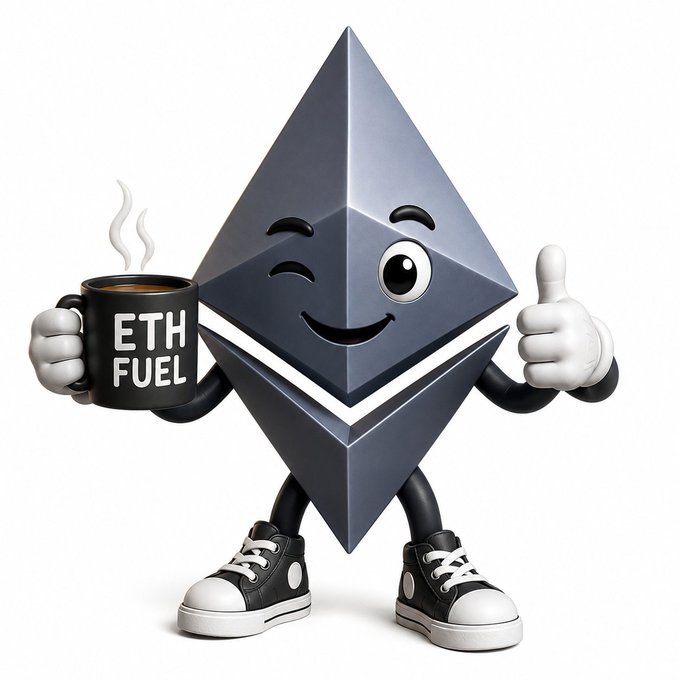 A 3D-rendered cartoon of the Ethereum logo with a smiling face, wearing black sneakers and holding a black mug labeled "ETH FUEL" while giving a thumbs up.