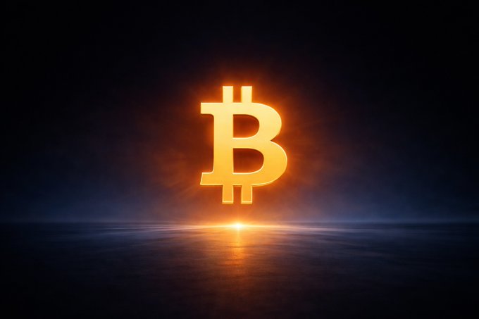 A glowing orange Bitcoin symbol hovers above a misty horizon, visually echoing the post's discussion of a potential $8-billion 51% attack on BTC. The luminous "B" insignia serves as a striking representation of the cryptocurrency at the center of Harvey's profitability analysis.