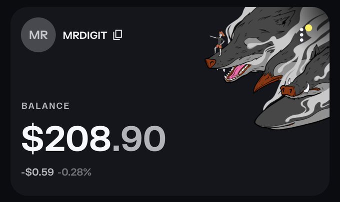 The image shows a digital wallet or portfolio card for the user "MR" with the username "MRDIGIT," displaying a balance of $208.90 (down $0.59 or -0.28%), accompanied by a stylized illustration of a warrior riding a wolf. It relates to the post by showcasing the user's current crypto portfolio balance as they celebrate making 2 $SOL today.