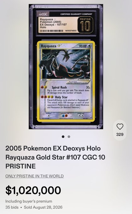The image shows a CGC Pristine 10 graded 2005 Pokémon EX Deoxys Holo Rayquaza Gold Star #107 card listed for $1,020,000, marketed as the "only pristine in the world." This relates to the post's skepticism about speculative collectible markets, as a single graded Pokémon card is being valued at over a million dollars—echoing concerns about asset bubbles driven by rarity hype rather than intrinsic value.