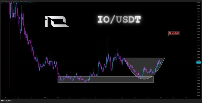 The image shows a TradingView chart for the IO/USDT cryptocurrency pair, displaying price action with a marked "rounding bottom" pattern forming around the $0.25 support level, with a current price indicator at $0.2560. A highlighted target zone is drawn near $0.25, illustrating the technical analysis setup referenced in the post about a potential rounding bottom reversal pattern.