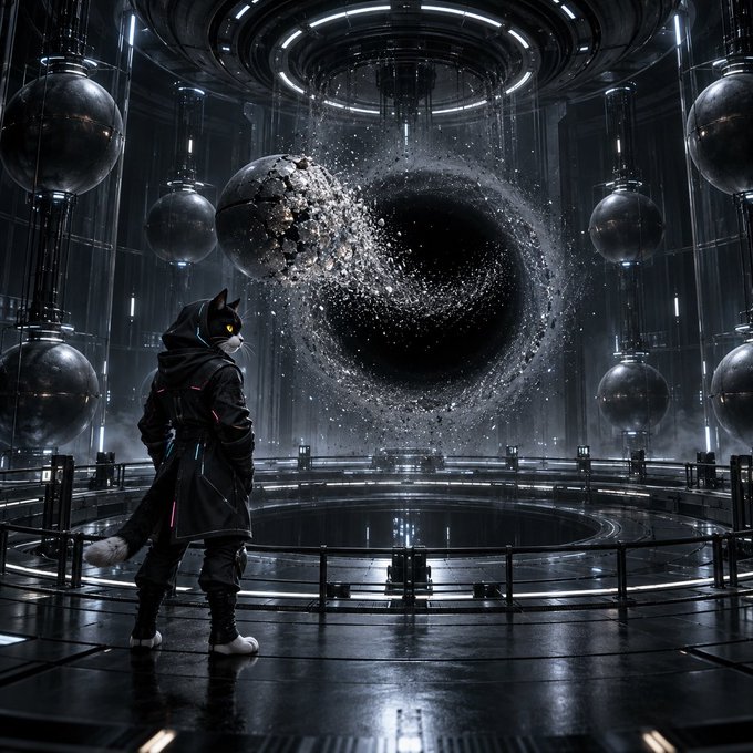A dark, futuristic digital artwork showing an anthropomorphic cat figure in a black coat standing before a swirling black vortex inside a sci-fi circular chamber.
