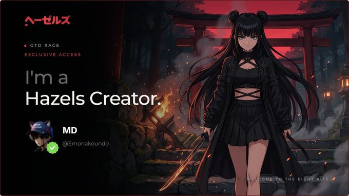 A digital profile card titled 'I'm a Hazels Creator' featuring an anime-style character with long black hair in a dark outfit, set against a Japanese temple backdrop, with the handle @Emonakoundo.