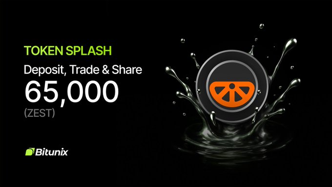The image shows an advertisement for a new cryptocurrency called "Bitunix" token splash by Bitunix, which allows users to buy, sell or trade tokens through an exchange platform. The advertisement includes various elements such as text, logos, and a graphic depicting a coin dropping with water droplets around it against a black background. The primary message of the advertisement is that there are six $ZEST up for grabs, indicating that users can participate in this new digital currency token.