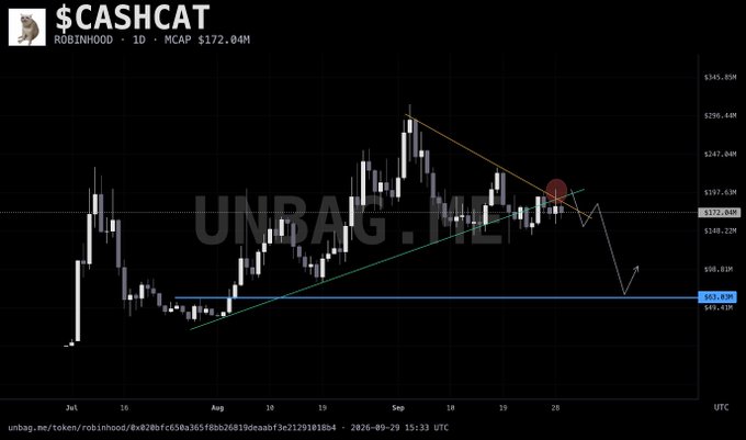Cryptocurrency price chart from unbag.me showing $CASHCAT on Robinhood with a market cap of $172.04M, displaying a 1D candlestick chart with technical analysis lines and support/resistance levels.