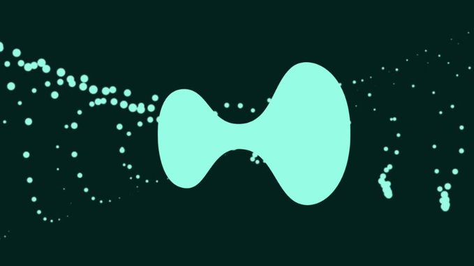 Abstract digital animation featuring a cyan, bone-shaped or dumbbell-like figure surrounded by glowing particles against a dark teal background.