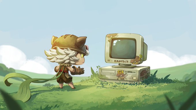 An animated illustration shows a small white-haired character with a leafy hat and cape approaching an old CRT computer labeled 'MEMOЧКИ' sitting in a grassy field.
