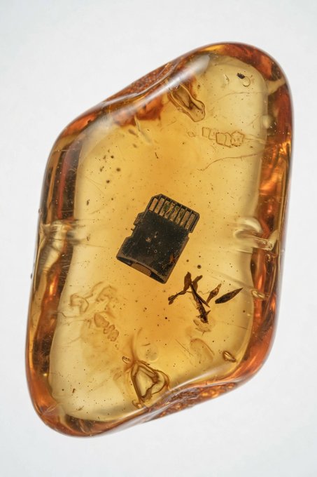 A close-up of a polished piece of amber containing an embedded insect.