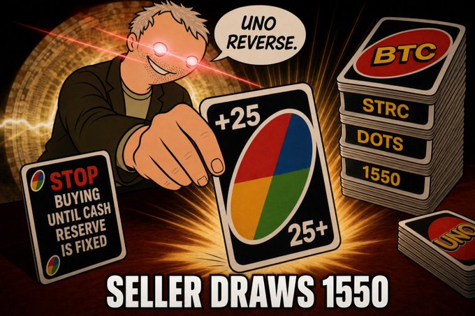 In this Uno-themed meme, a character labeled "SELLER" plays a "+25" card with the text "UNO REVERSE" above, while a "STOP BUYING UNTIL CASH RESERVE IS FIXED" card is visible. The accompanying post humorously references "Michael Seller" and a Solana blockchain wallet address, suggesting the meme relates to financial strategies or community sentiment.