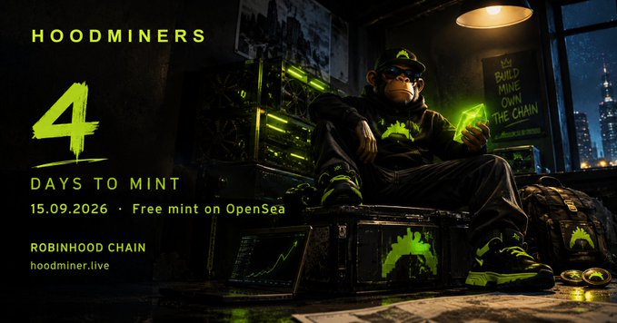 A dark, stylized promotional graphic for 'HOODMINERS' announcing '4 DAYS TO MINT' on 15.09.2026, featuring a figure in green-accented streetwear amid mining equipment, with 'ROBINHOOD CHAIN' branding.