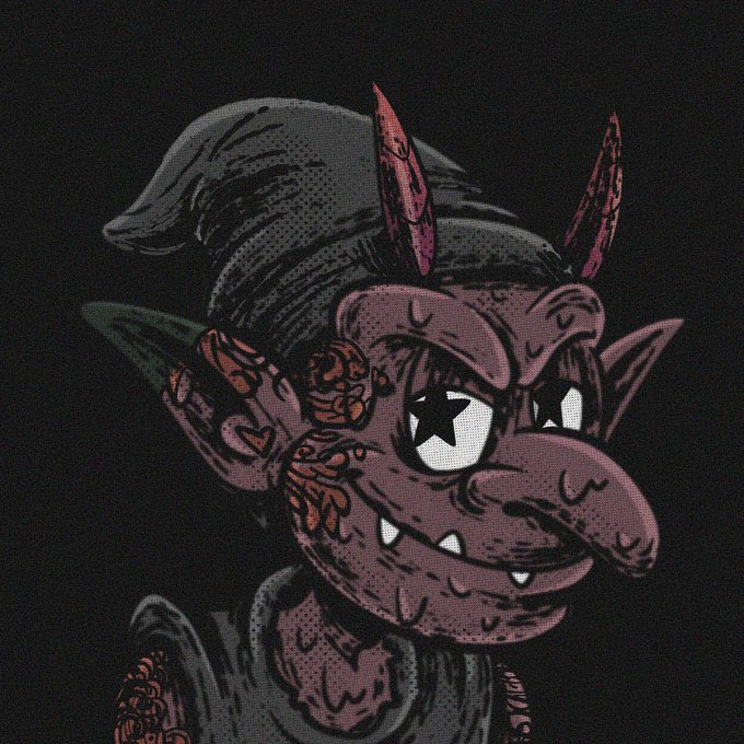 A menacing cartoon goblin character with horns, sharp teeth, and starry eyes is depicted in dark, moody tones against a black background. The image serves as promotional artwork for a Guild of Grimes giveaway, with the goblin embodying the "Grime" aesthetic fitting the NFT project's dark, edgy theme.