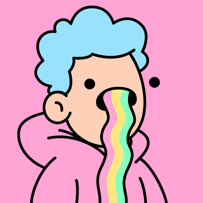 A cartoon illustration of a person with blue hair vomiting a rainbow stream against a pink background.