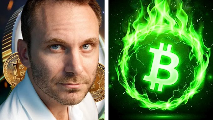 A split image showing a man in a white hoodie next to a green flaming Bitcoin logo, suggesting crypto content.