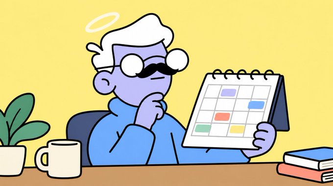 A cartoon illustration of an angel character with glasses and a mustache thoughtfully looking at a desk calendar, sitting next to a coffee mug, plant, and books.