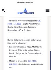 A Senate Democrats webpage displays information about the "CLARITY Act" (S.3633 - Digital Asset Market Clarity Act), which is set for a vote on Tuesday, September 15th at 2:15pm, with provisions affecting Cal. #423, H.R.3633, and the Executive Calendar #902. The image relates to the post by highlighting that the CLARITY Act markup is approaching, emphasizing the urgency ("Less than 24 hours left") for passing this digital asset market legislation.