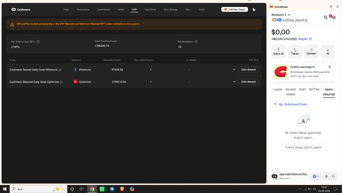 The image shows the Cashmere Labs platform interface displaying locked NFT positions, including "Cashmere Yields Early Goat Ethereum" with 97419.58 points and "Cashmere Mainnet Early Goat Optimism" with 1299210.16 points, alongside a MetaMask wallet popup showing a $0.00 balance on the Robinhood Chain. This illustrates the user's point about forgotten locked NFTs, as the visible 1,396,649.74 total pending points across these positions demonstrate exactly the kind of unclaimed rewards someone might overlook on app.cashmere.exchange/stake.