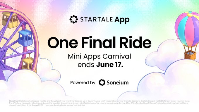 The image features a carnival scene with a Ferris wheel, hot air balloons, and other attractions. The caption of the image reads "The Ukiyo Circuit has a quest waiting for you. Last week to complete it in @StartaleApp's Mini App Carnival and earn STAR Points." This suggests that there is an app called "Mini App" related to the carnival theme, which could be used to participate in or win challenges within the carnival game.