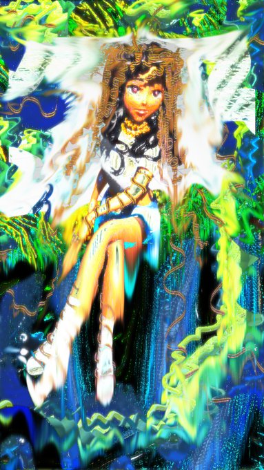 A vibrant, psychedelic-style illustration of an anime-style female figure with wings and armor, seated in a swirling blue and green abstract environment.