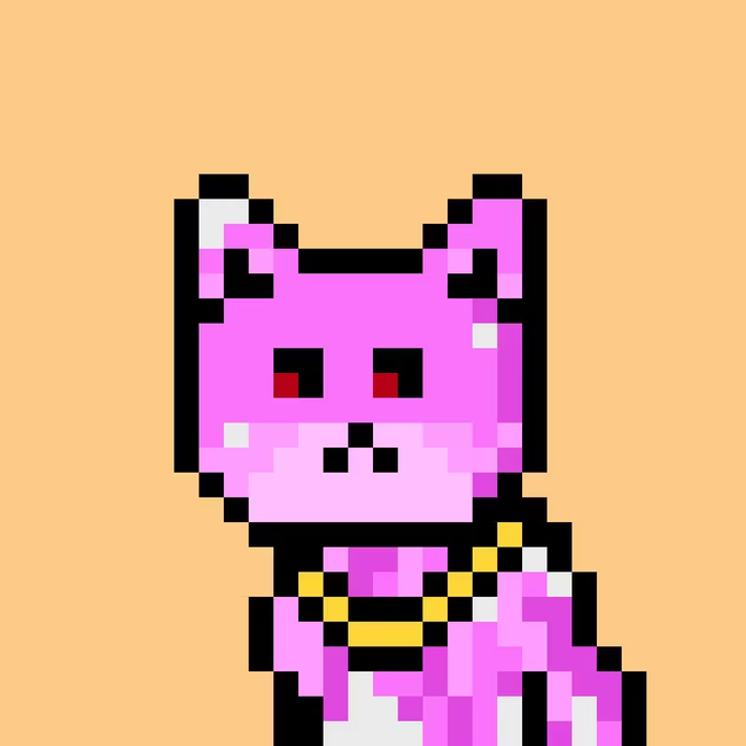 A pixel art image of a pink cat character with red eyes wearing a yellow and black outfit on a tan background.